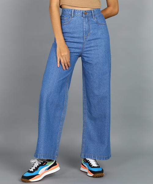 Urbano Fashion Women's Light Blue Regular Fit Wide Leg Washed Jeans