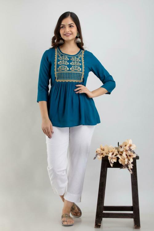 WOMEN TOUCH Women Blue Embroidered Rayon Tops