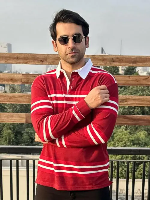 Maniac Mens Auto Striped Polo Neck Full Sleeve Red and White Cotton Oversized T-Shirt