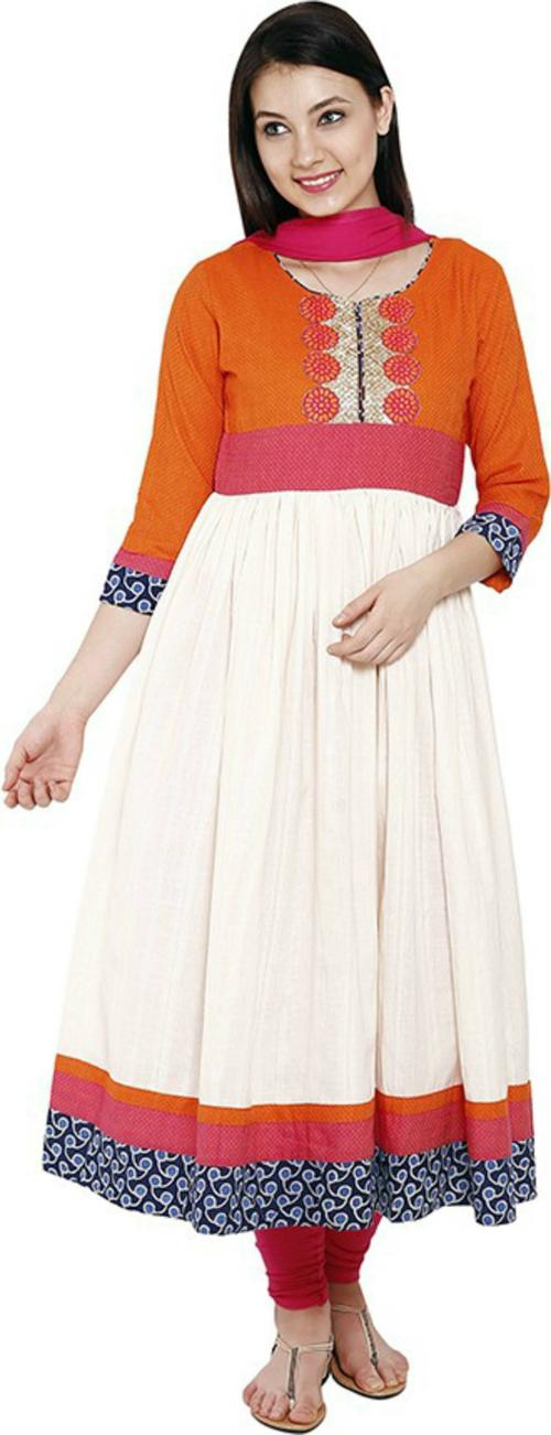 Span Women White Printed Cotton, Lycra, Schiffon Kurta, Churidar And Dupatta Set