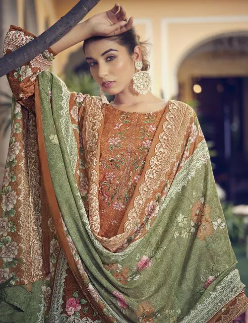 DRAVINAM Trends Unstitched Digital Print Embroidered Cotton Salwar Suit Dress Materials with Dupatta Unstitched Dress Material For Women (Orange)