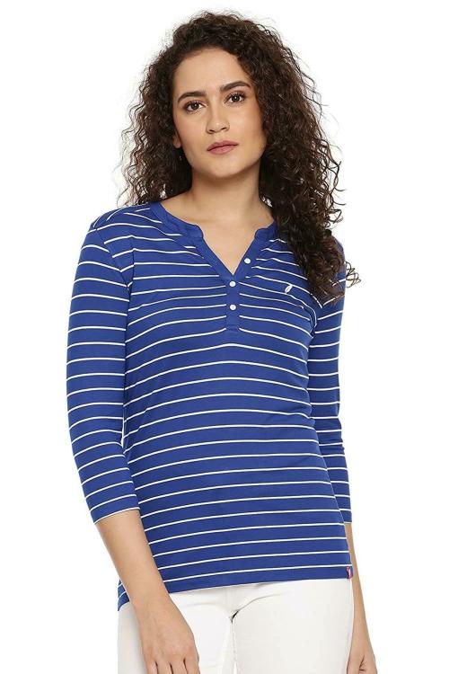 Feather Soft Women Royal Blue Stripe Viscose T-Shirts, L