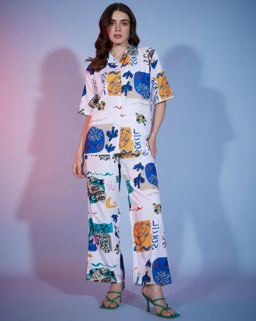 BuyNewTrend Colorful Imported Crepe Women's 2 Piece Outfits Long Shirt and Wide Leg Pant Co-Ord Set