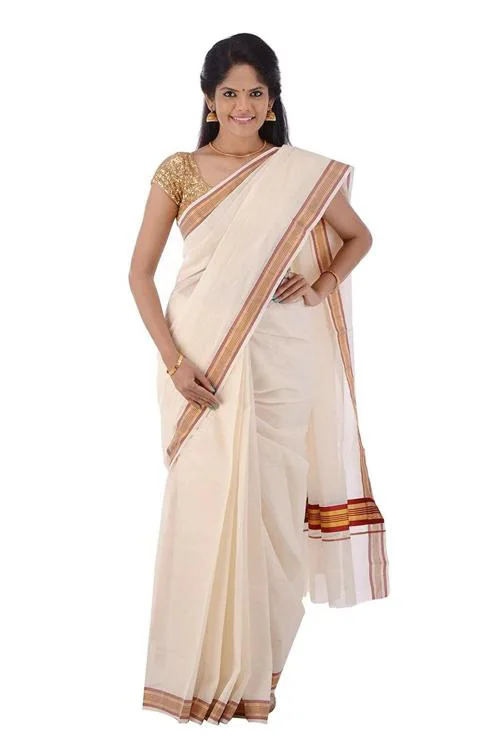 Fashionkiosks Women Maroon Pure Cotton Border Design Kerala Kasavu Saree With Blouse Piece