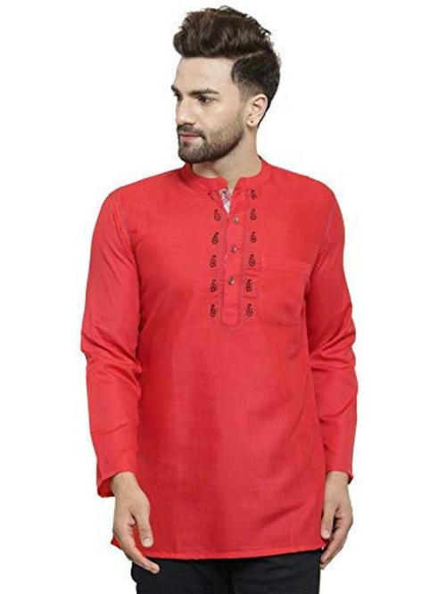 ARCHATTIRE Men Red Hand Block Printed Cotton Designer Short Kurta (Size 42)
