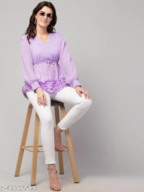 CF CREATIVE Women Purple Self Design Chiffon Tops (S)