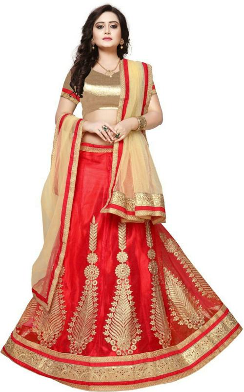 Manvaa Women Red, Beige Embroidered Net Lehenga Choli