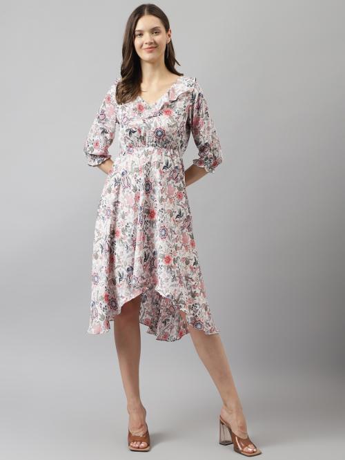 KERI PERRY Women's White Rayon Floral High Low Western Dress
