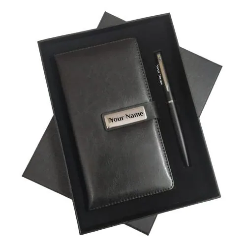 Giftana Personalized Leather Diary & Pen Combo Gift set with Name, 2 in 1 Customized Diaries & Metal Pen Gifts Set for Men & Women, Birthday Gift for Husband, Corporate Gift Set for Employee (Black)