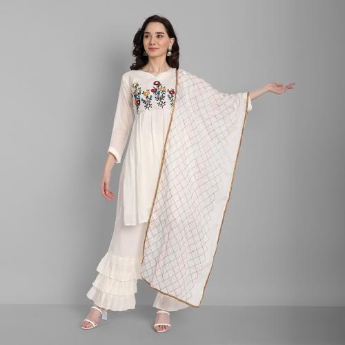 18 ATTITUDE White Embroidered Above Knee A-Line Kurta With Sharara & Dupatta-M
