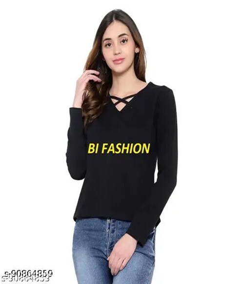 BARBARIQ BI WOMENS V- NECK SOLID T-SHIRTS-SHIRTS-Size-L-Black