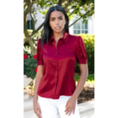 BHIKADIYA Womens Tops Silk Satin Blouses for Women Dressy Casual Puff Sleeve Button Down Shirt Work Clothes Fashion DATE RED-XS