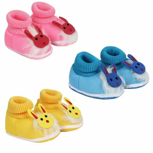 Outlife Unisex Baby Newborn (Infant Baby) Booties Baby First Walking Soft Fabric Fur Shoes With Anti Slip Sole Toe Multicolor Pack Of 3(0-9)