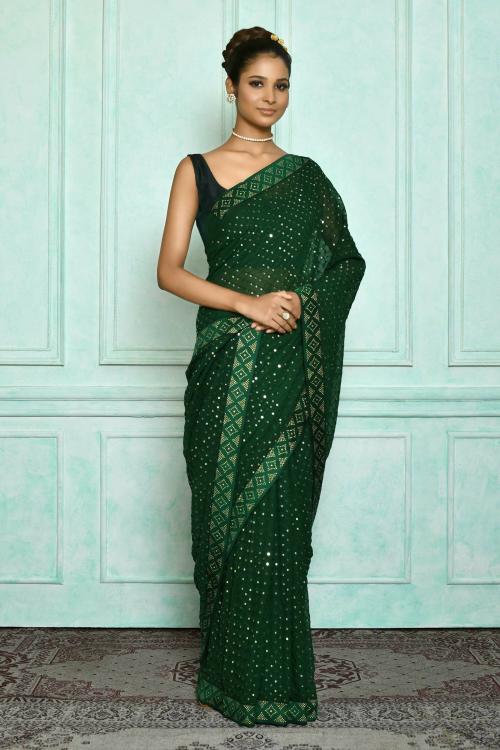Rk Creation Women Dark Green Embroidered Georgette Berhampuri Saree