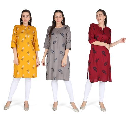 Emotions Womens Kurta Rayon Straight Fit|Womens Kurti|Bust 102cm Knee Length Multicolored Assorted Prints Pack of 3