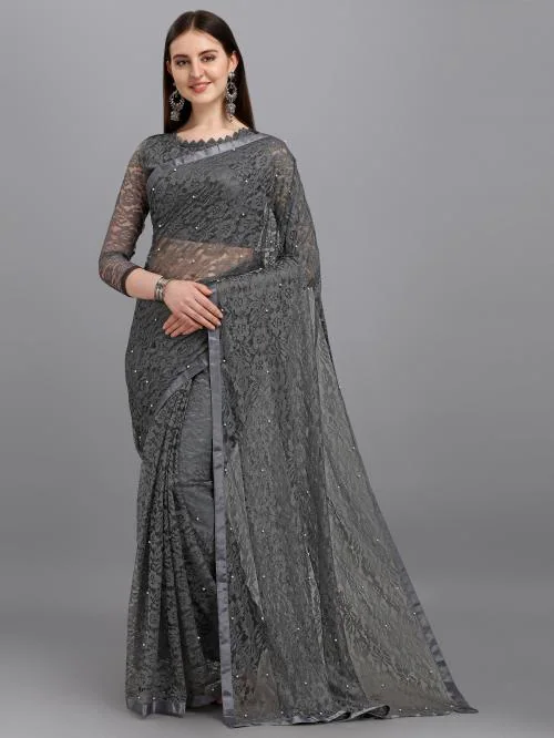 LOROFY Women Grey Net Saree