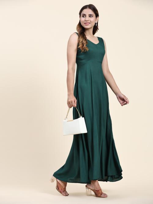Anushil Sleeveless Rayon Cotton Western Gown - Full-Length Dress for Women, Elegant and Chic (Colour- Green, Size- L)