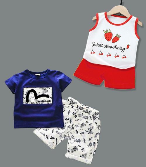 Lofn Baby Boys And Girls Multicolor Printed Cotton Blend Set Of 2 T-Shirt Shorts (6-12 Months)