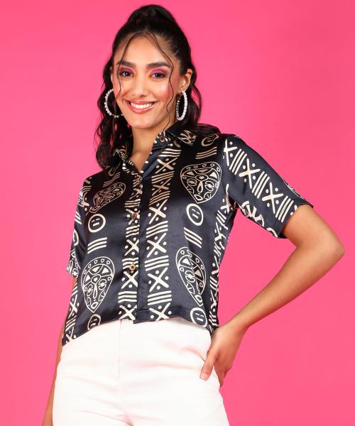 Popwings Women Casual Grey Bandhani Printed Half Sleeve Shirt | Women Shirts | Women Trendy Shirts | Women Printed Shirts | Women Latest Design Shirts