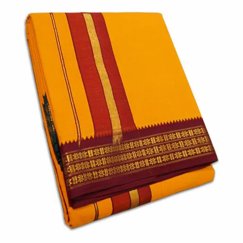 South Indian Men's Pure Cotton Dhoti Towel set for Pooja | Cotton Color Unstitched Dhoti Towel 9X5 (Mango)