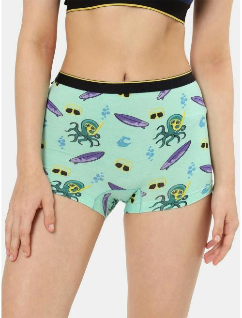 Bummer Women Sea Green Printed Modal Searial Chiller Boy Shorts Brief For Women