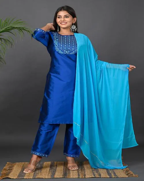 Riara Women's Art Silk Embroidered Mirror Work Kurta Pant with Chiffon Dupatta Chunni Set for Ladies