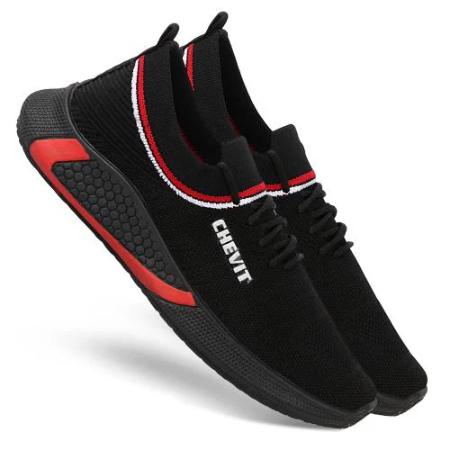 Chevit Black & Red Self Design Sports Running Shoes for Men