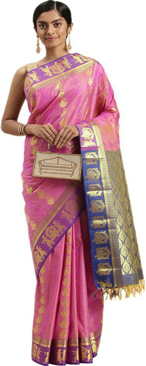 Thara Sarees Women Pink Woven Design Art Silk Saree