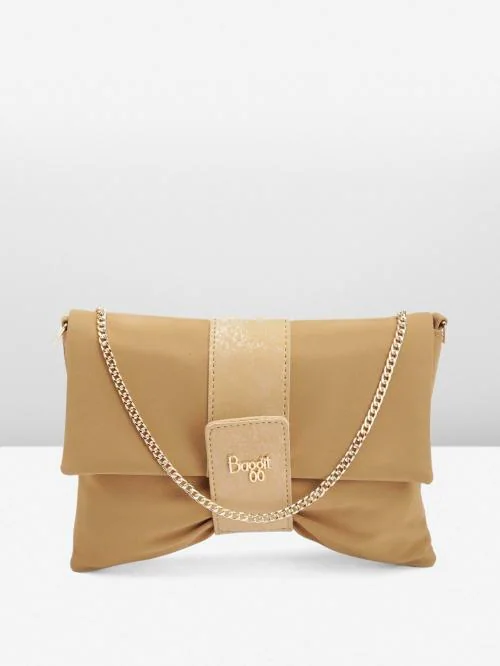 BAGGIT Beige Solid Polyurethane (PU) Foldover Clutch For Women