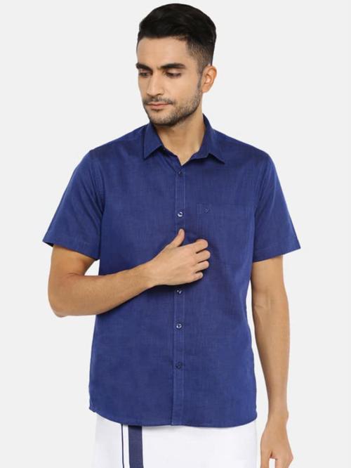 UATHAYAM Varna Navy Blue Cotton Slim Fit Solid Half Sleeve Shirt and Dhoti Set Combo