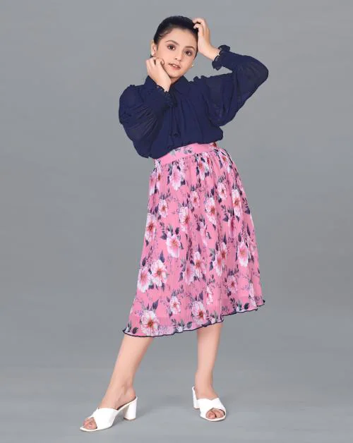 Fashion Dream Girls Dark Blue Floral Printed Georgette Top & Pleated Skirt Set | Kids Wear | Girls Top Skirt Set | Girls Clothing Set