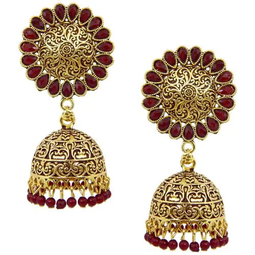 Fresh Vibes Gold-plated Wine Colour Ethnic Jhumka Earrings for Women - Antique Look Traditional Maroon Big Ear Jhumki Earings for Girls