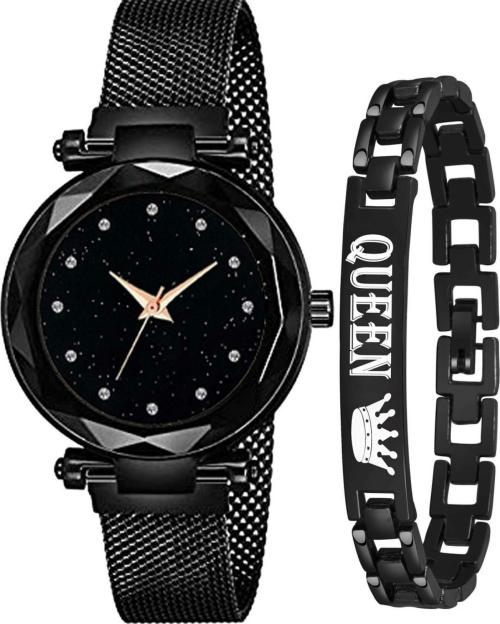 Just Like Magnetic Strap Black Diamond Dial and with Queen Bracelet Combo Watches for Women Pack of 2 (Black)