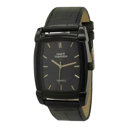 HMT FASHION Watch for Men, Quartz Rectangular Black Dial Leather Strap Analogue Watch for Unisex and Girls (Black Dial- Black Starp)