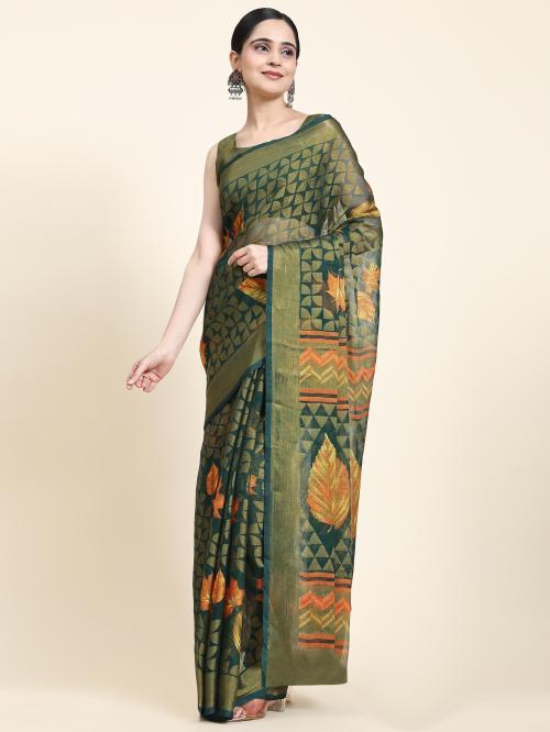 Rujave Women Green Digital Print Brasso Daily Wear Saree