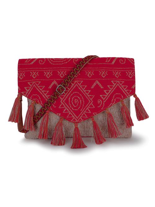 Anekaant Tribal Natural & Red Cotton Shenel Ethnic Motifs Jacquard Sling Bag