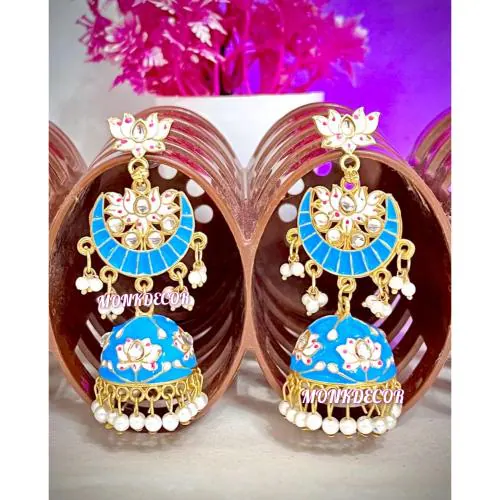 MONKDECOR Beautiful Design Jhumka Earrings For Girls & Women (Chand Jhumki-Firozi)