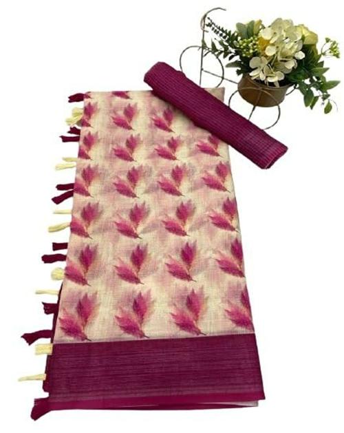 Planborn Women's Linen Floral Printed Saree With Blouse Piece