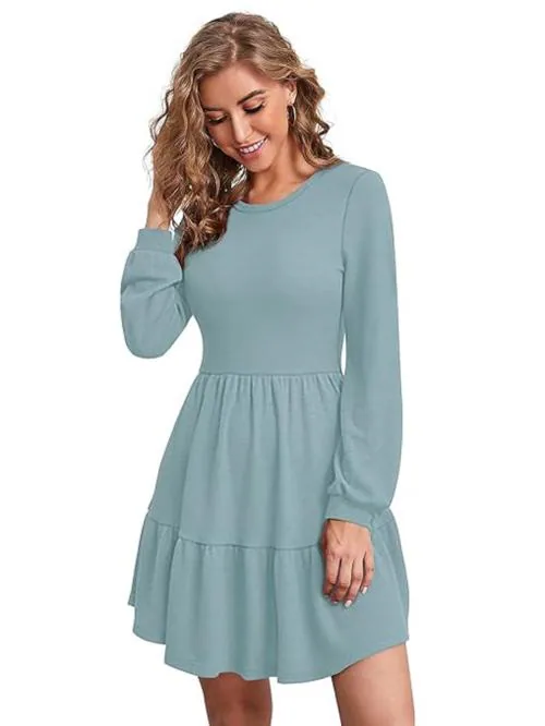 PINZY Knitting Skater Short Mini Full Sleeve Knee Length Dress For Women's (Pista _ Large)
