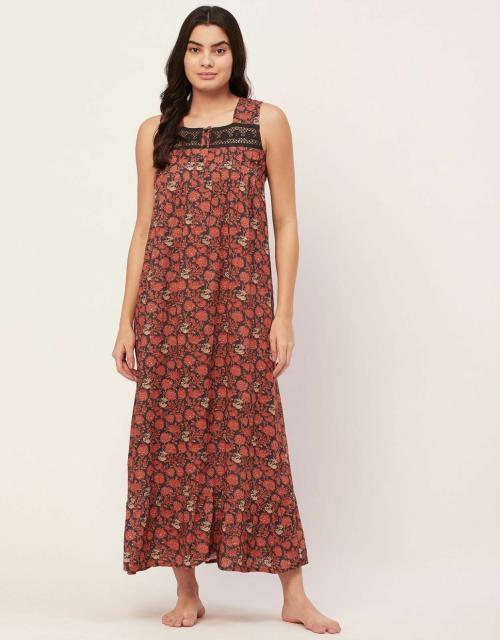 Moomaya Sleepwear, Sleeveless Long Nightdress, Printed Square Neck Nightgown Maxi