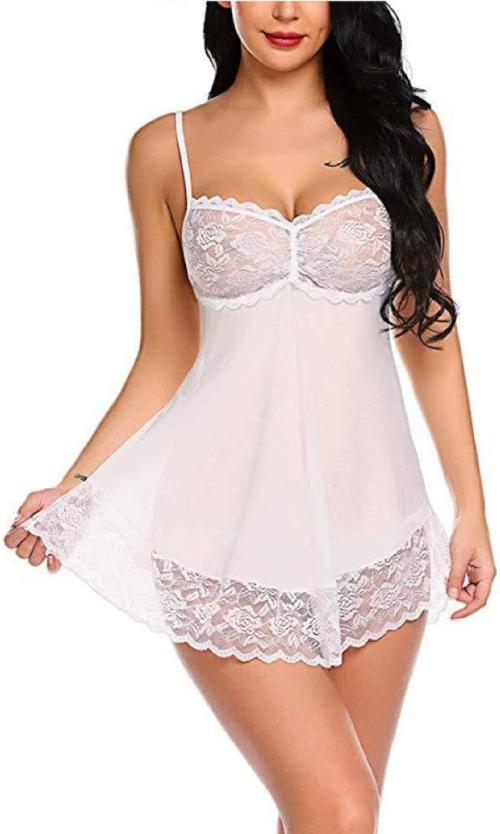 SKMODEL STYLISH Women's Lingeries Set Babydoll Nighty for Your Honeymoon/Nightwear Dress (White,L)