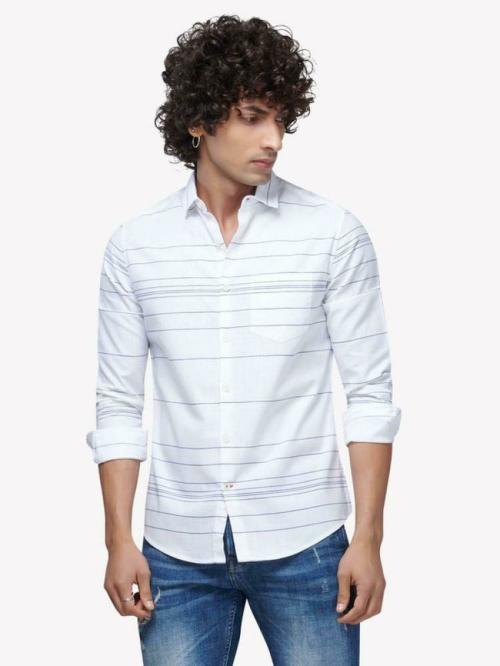 VASTRADO Men White and Black Striped Pure Cotton Casual Shirt