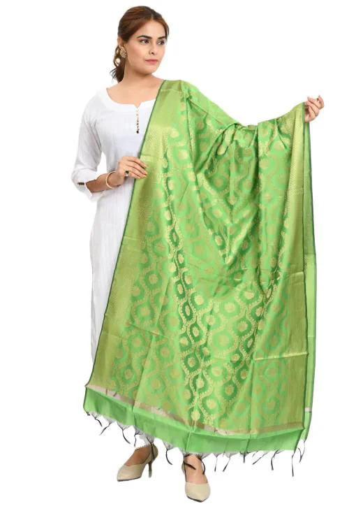 Moeza Women Light Green Silk Parrot Woven Design Banarasi Dupatta