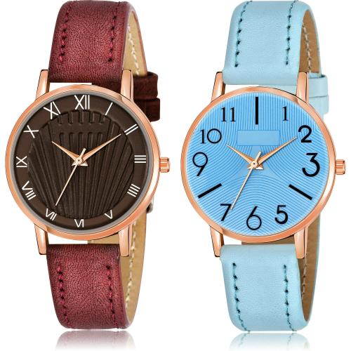 NEUTRON Modish Collegian Roman Numbers And Triangle Geometry Red And Blue Colour Analog Genuine Leather Belt 2 Watch Combo For Women And Girls - GW49-GW56