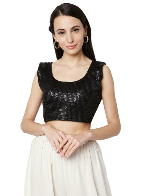 Salwar Studio Women's Black Cotton With Sequence Embroidered Readymade Free Size Saree Blouse