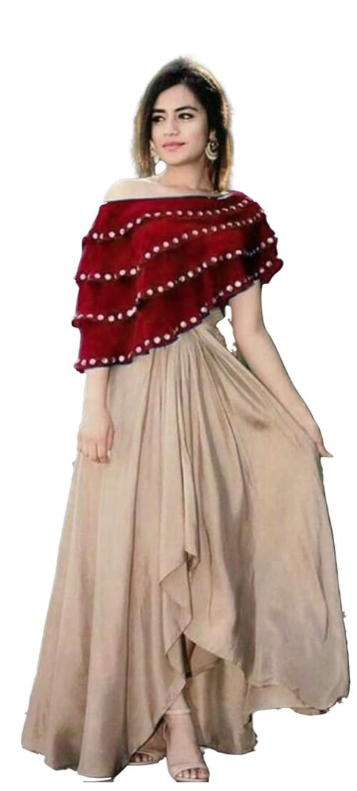 Clickedia Women's Fully Stitched Rayon Gown Ponchu set with Mirror Work Poncho in Off shoulder pattern and Gown with 6 metres flare and Straps sleeves Gown and Top Ethnic Set