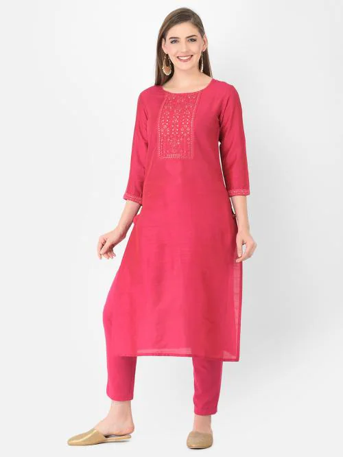Span Women Pink Solid Cotton Silk Straight Kurta