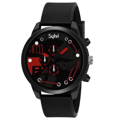 Sylvi Black & Red Dial Rubber Starp Analogue Stylish Designer Wrist Watch for Men -M87RED