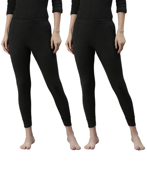 Lux Parker Women's Black Solid Cotton Blend Pack Of 2 Thermal Pants