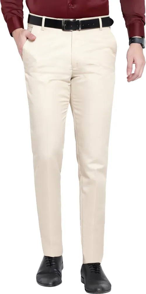 Red Cherry Cream Solid Cotton Blend Formal Trouser